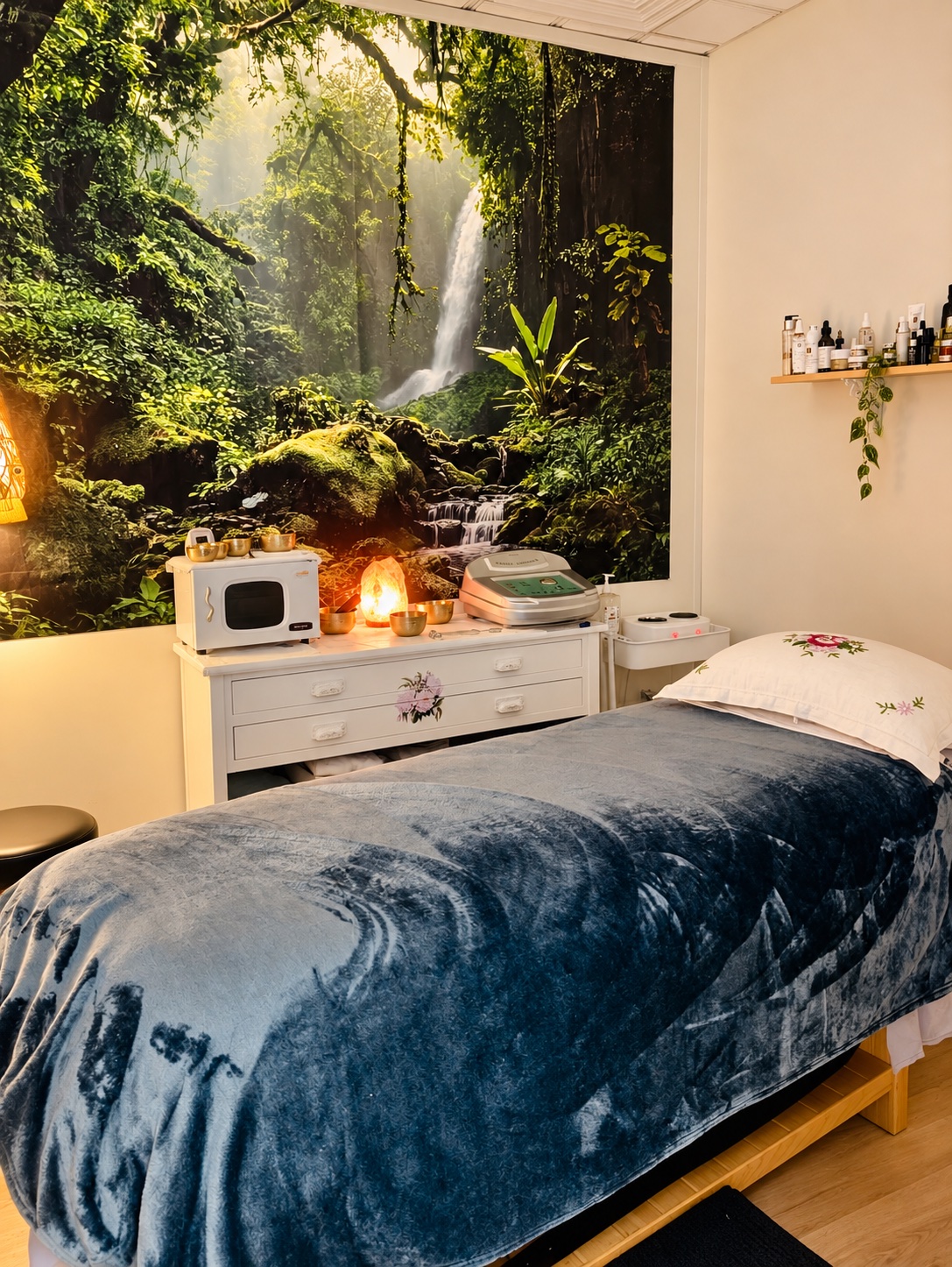 Treatment room with forest mural and blue treatment bed